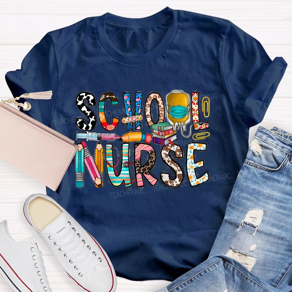 School Nurse Blue Leopard Pencil Flower Teacher T-Shirt