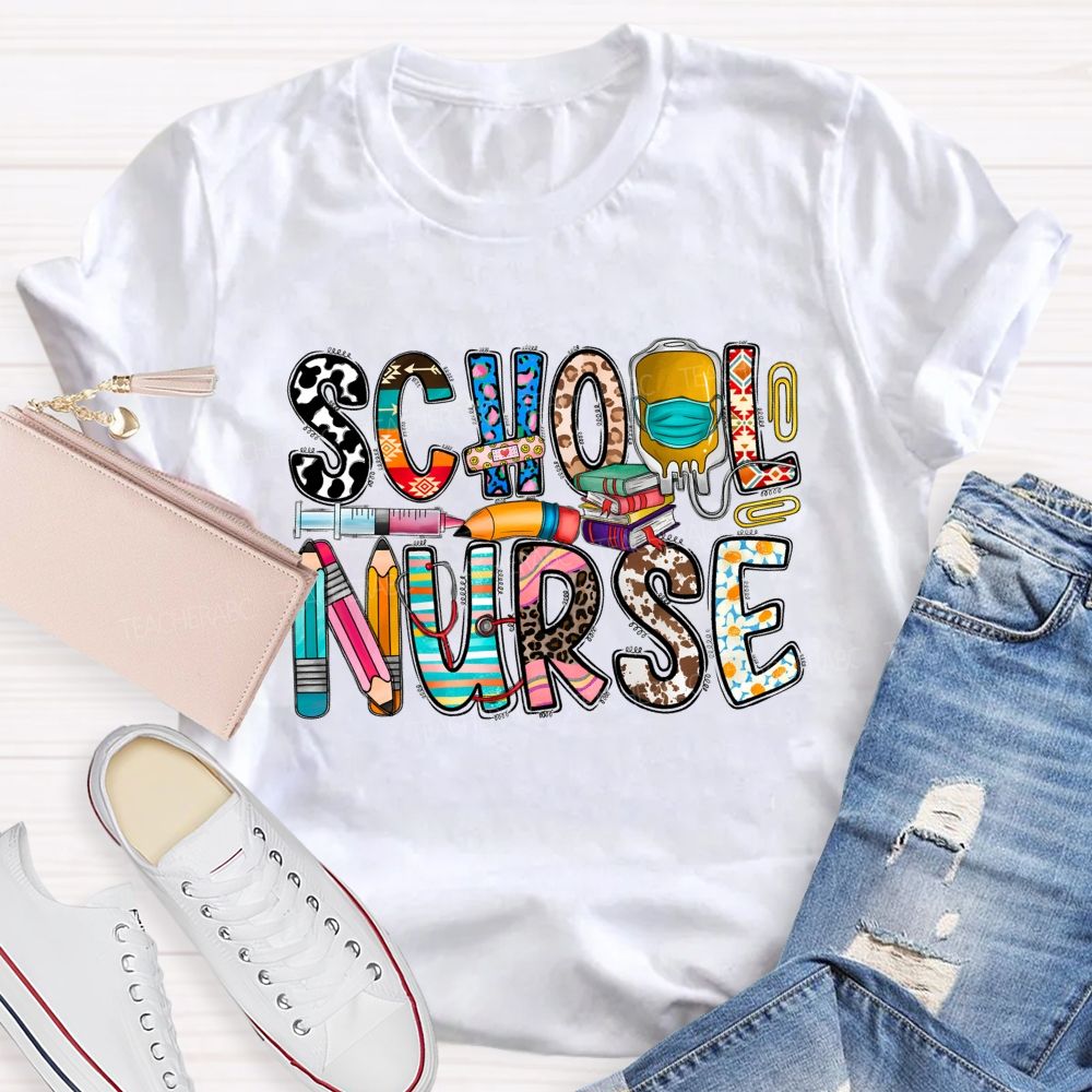 School Nurse Blue Leopard Pencil Flower Teacher T-Shirt
