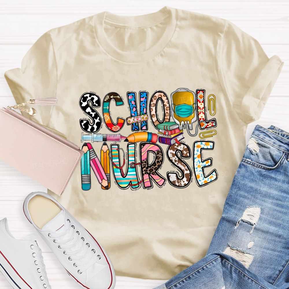 School Nurse Blue Leopard Pencil Flower Teacher T-Shirt