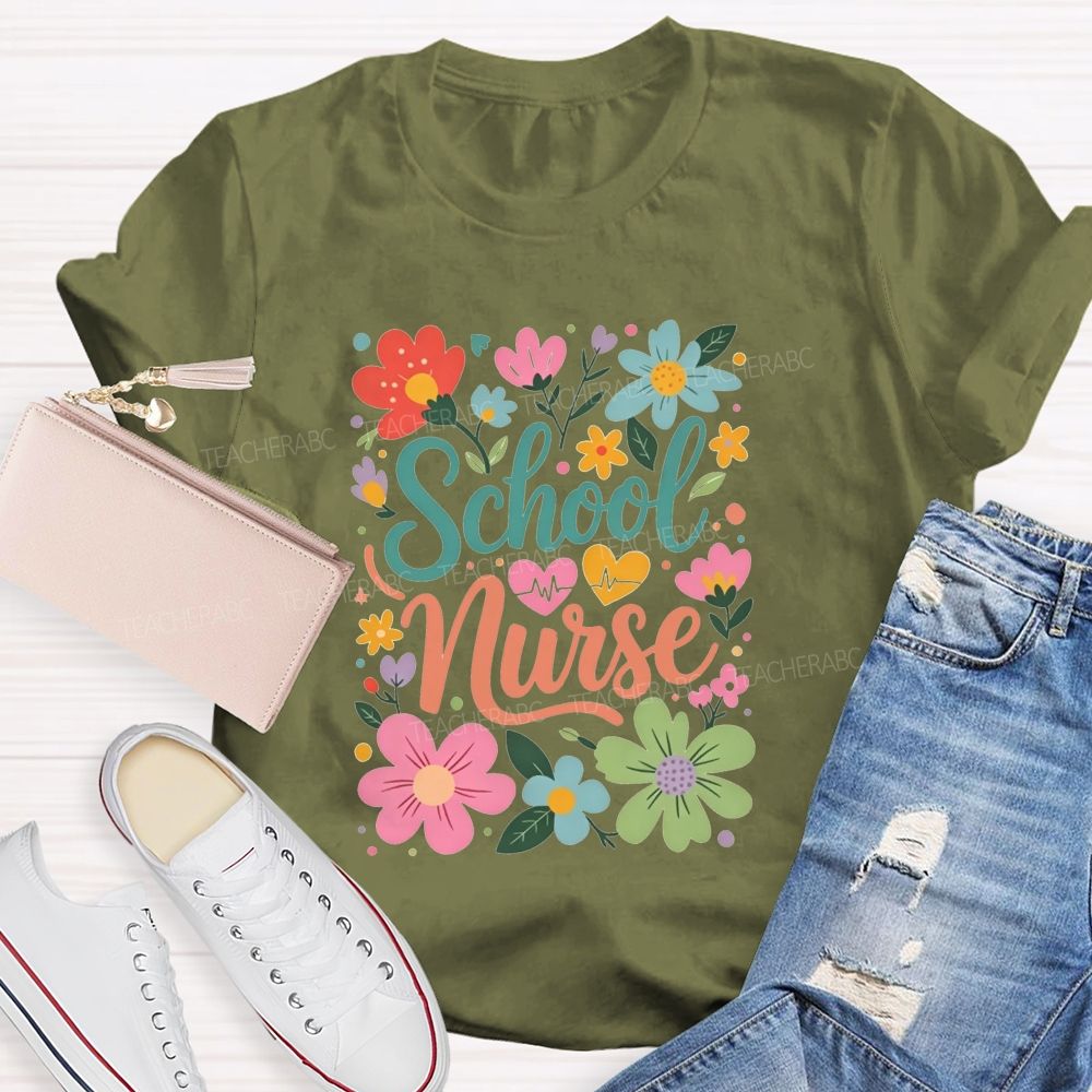 School Nurse With Hearts And Flowers T-shirt