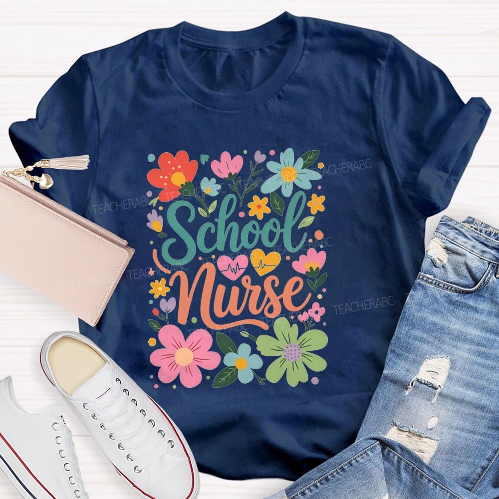 School Nurse With Hearts And Flowers T-shirt