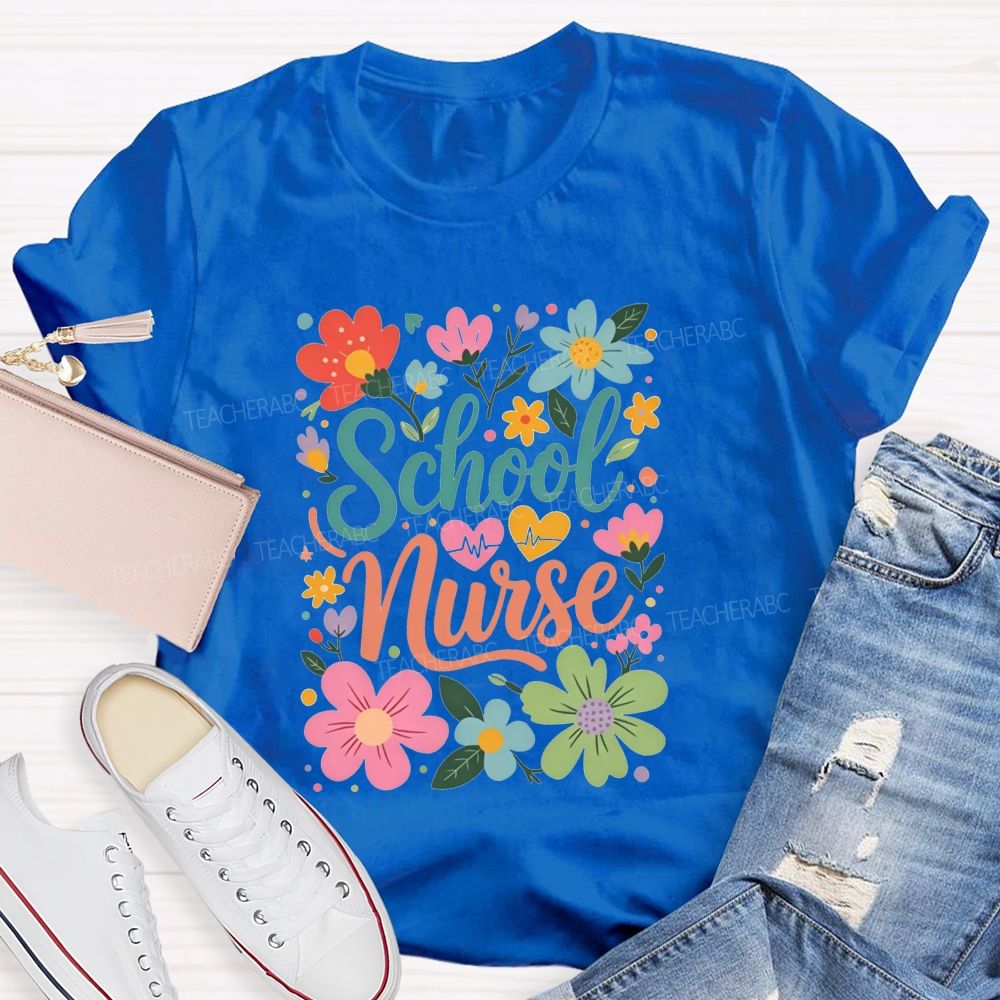 School Nurse With Hearts And Flowers T-shirt