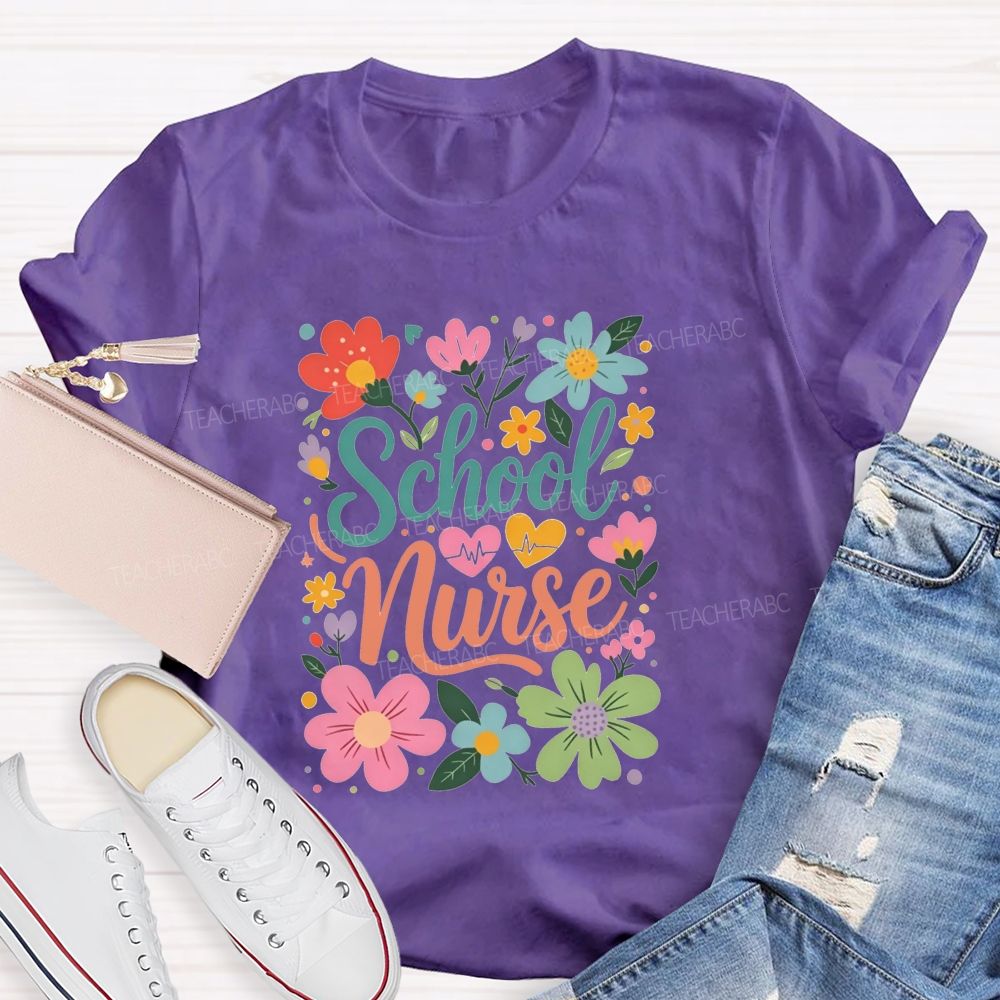 School Nurse With Hearts And Flowers T-shirt