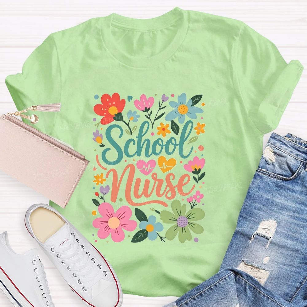 School Nurse With Hearts And Flowers T-shirt