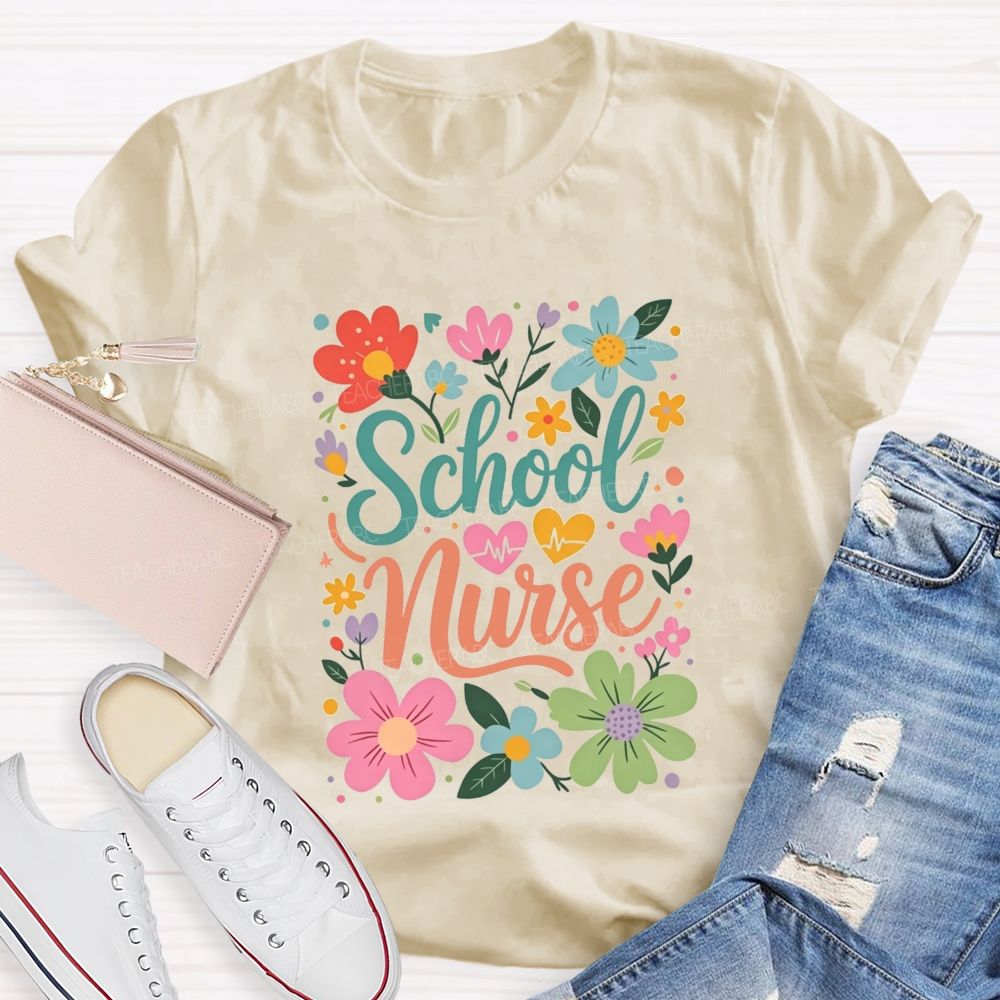 School Nurse With Hearts And Flowers T-shirt