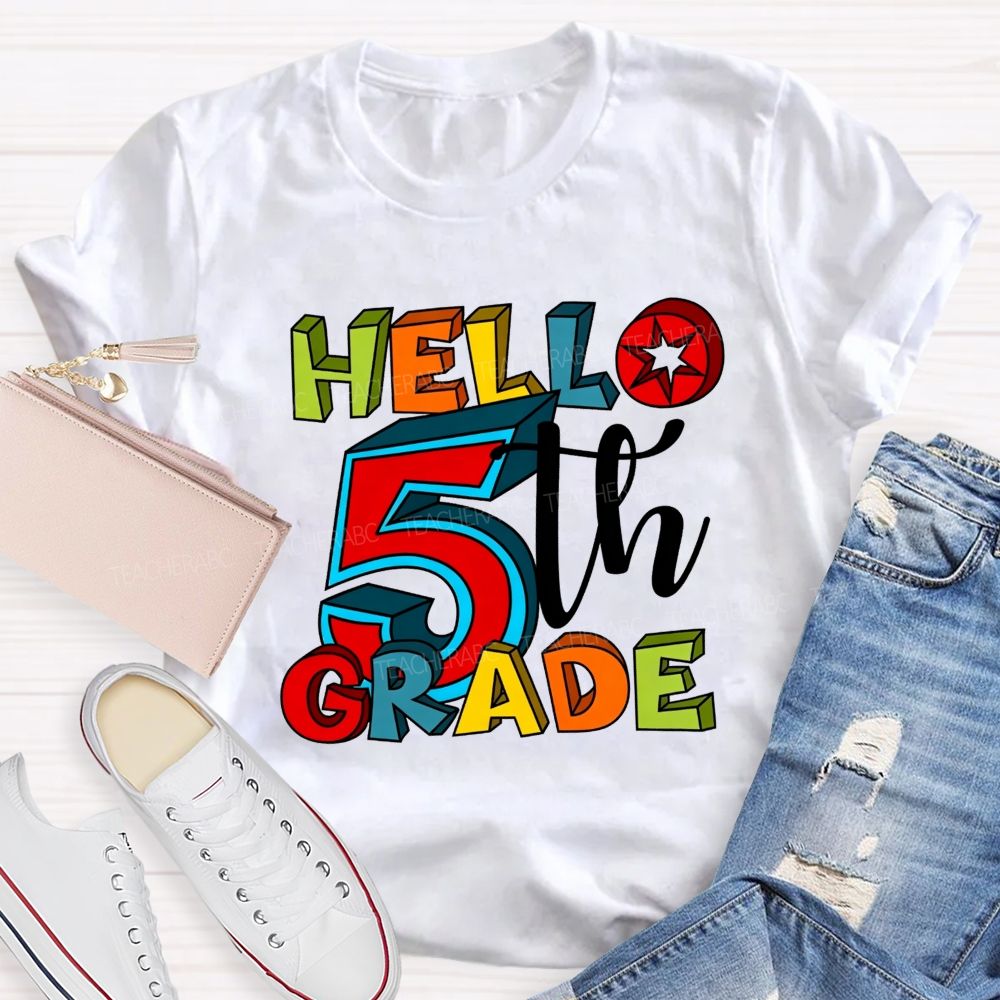 Personalized Grade Hello 5th Grade Colorful Colorful Letter Teacher T-shirt