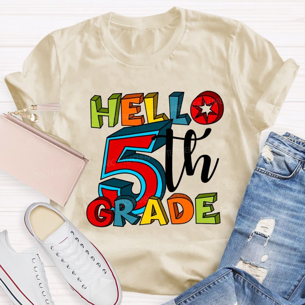 Personalized Grade Hello 5th Grade Colorful Colorful Letter Teacher T-shirt