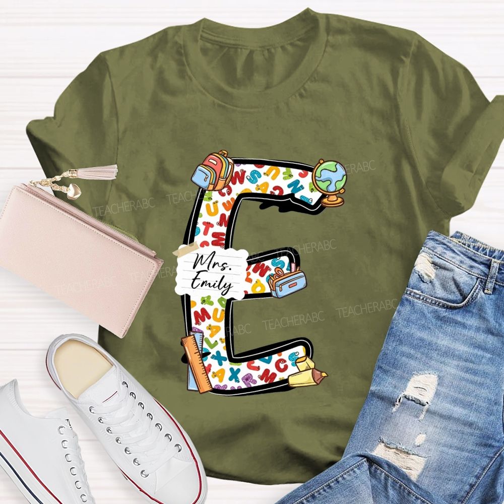 Personalized Name Teacher Initial Letter E School Backpack Globe Ruler Teacher T-shirt