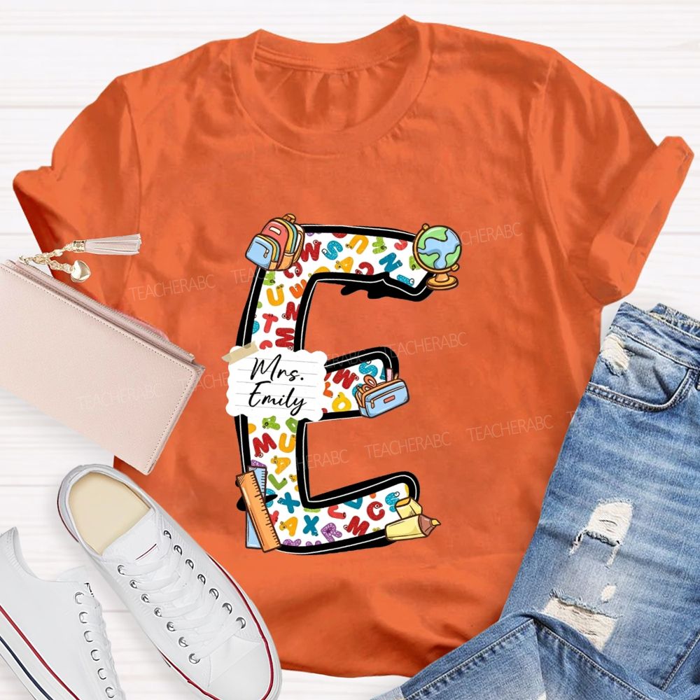 Personalized Name Teacher Initial Letter E School Backpack Globe Ruler Teacher T-shirt