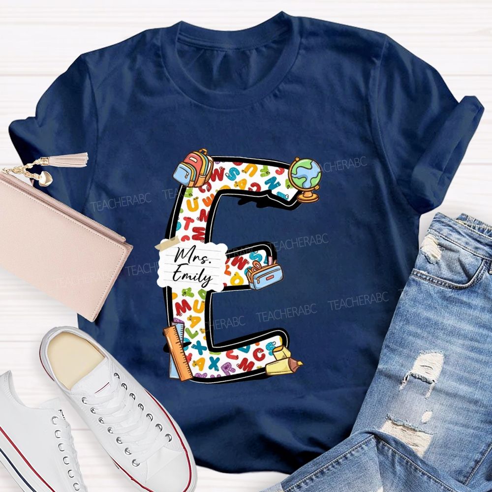 Personalized Name Teacher Initial Letter E School Backpack Globe Ruler Teacher T-shirt
