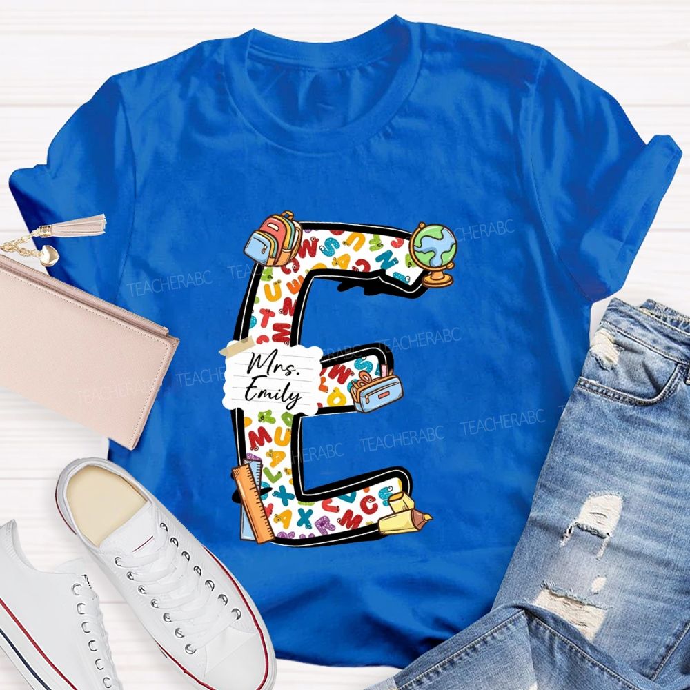 Personalized Name Teacher Initial Letter E School Backpack Globe Ruler Teacher T-shirt