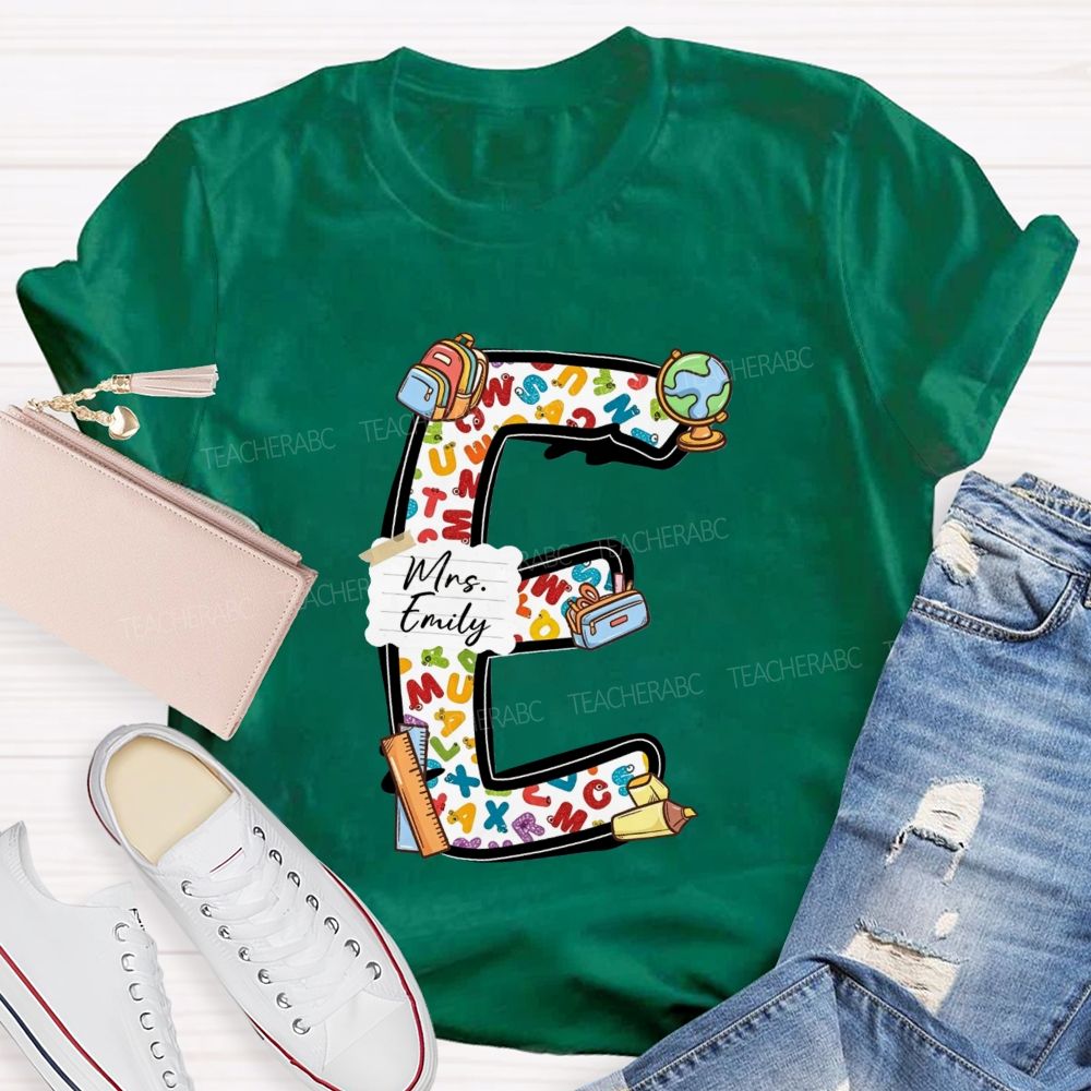 Personalized Name Teacher Initial Letter E School Backpack Globe Ruler Teacher T-shirt