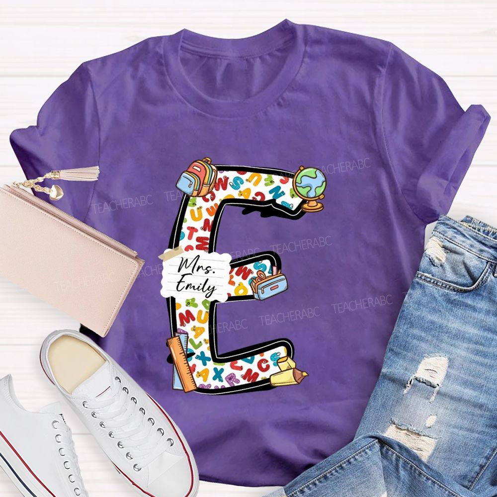 Personalized Name Teacher Initial Letter E School Backpack Globe Ruler Teacher T-shirt