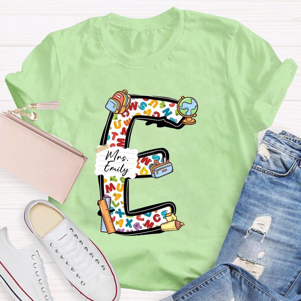 Personalized Name Teacher Initial Letter E School Backpack Globe Ruler Teacher T-shirt
