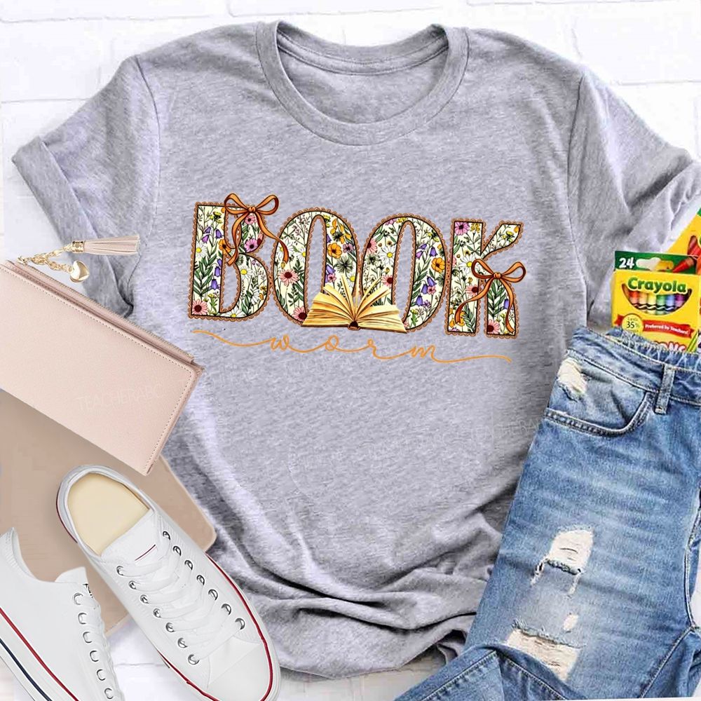 Book Worm Floral Letter Bow Book Lover Teacher T-shirt