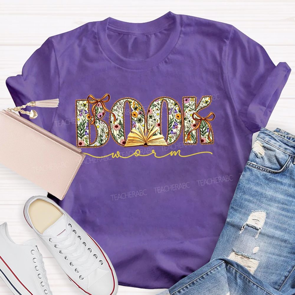Book Worm Floral Letter Bow Book Lover Teacher T-shirt