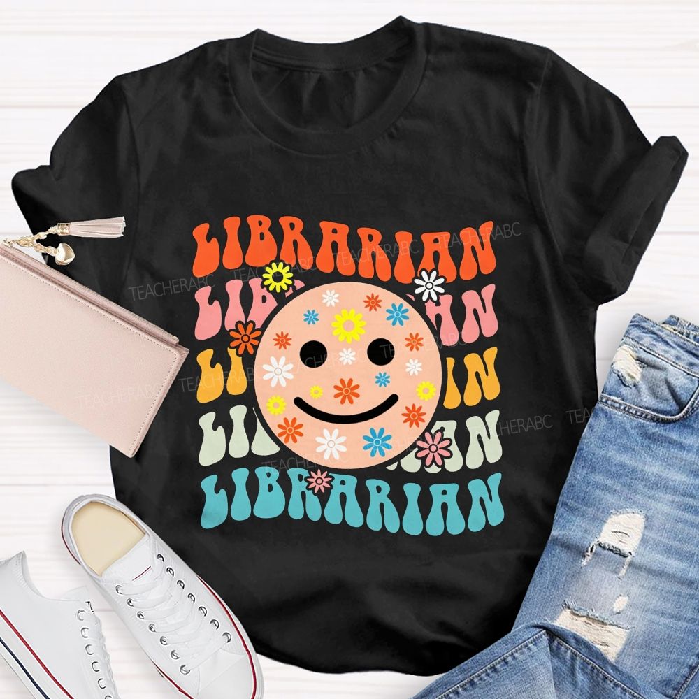 Librarian Floral Smiley Face Book Lover Teacher T-shirt