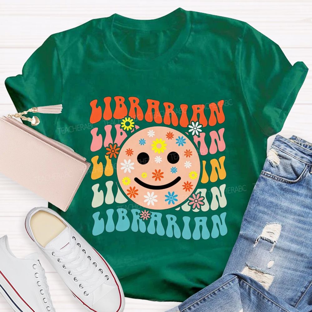 Librarian Floral Smiley Face Book Lover Teacher T-shirt