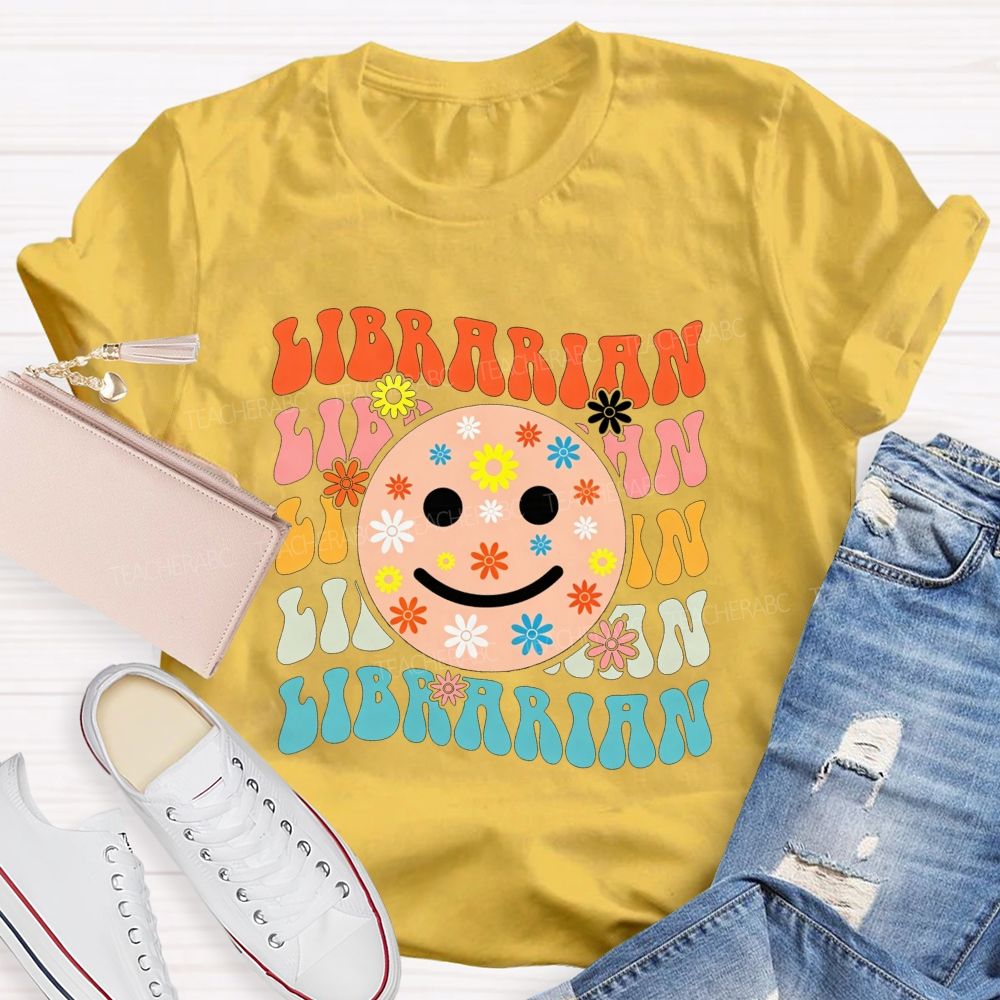 Librarian Floral Smiley Face Book Lover Teacher T-shirt