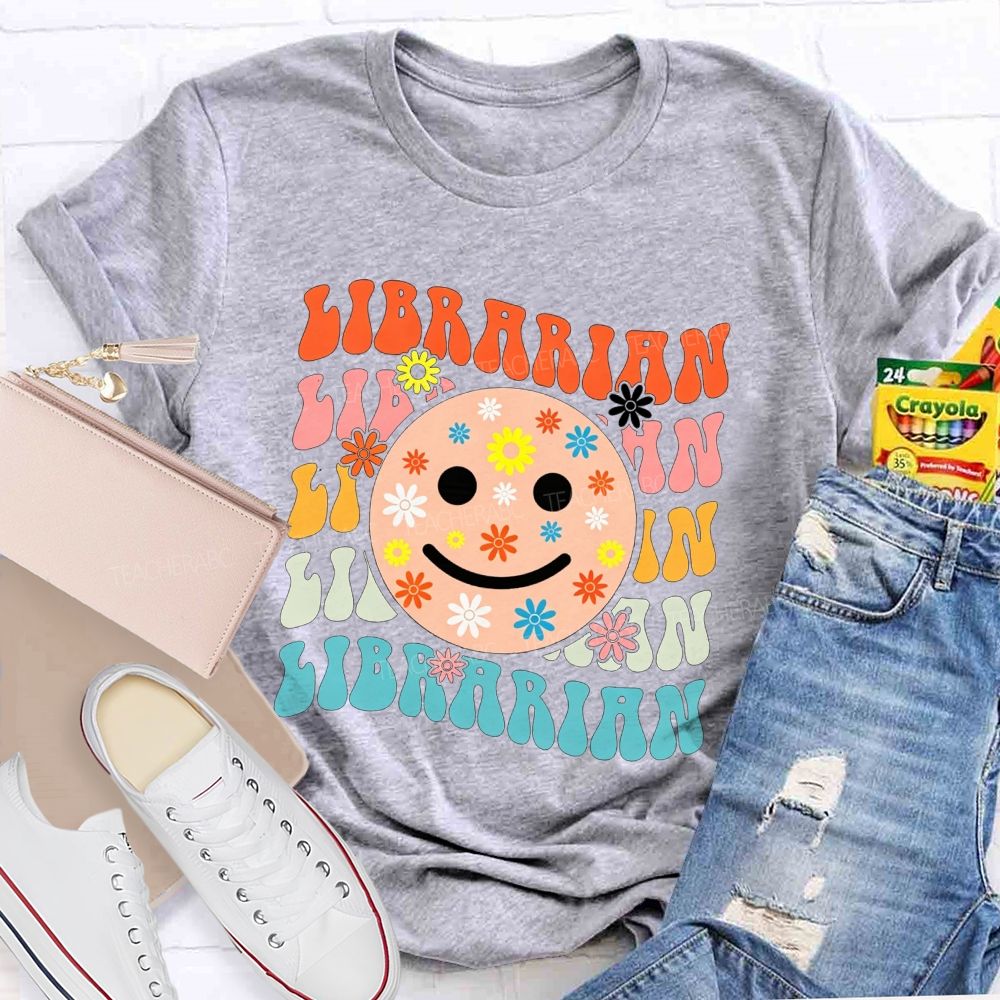 Librarian Floral Smiley Face Book Lover Teacher T-shirt