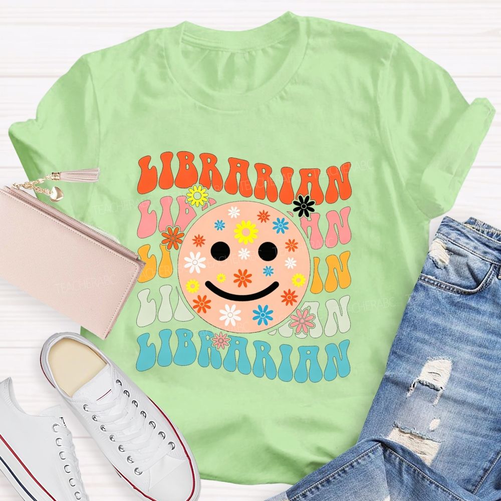 Librarian Floral Smiley Face Book Lover Teacher T-shirt