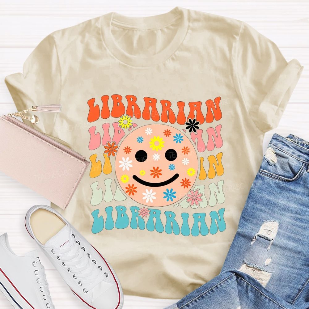 Librarian Floral Smiley Face Book Lover Teacher T-shirt