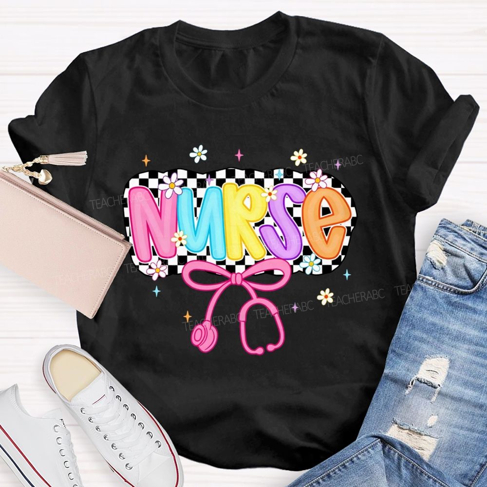 School Nurse Checkerboard Daisy Bow Stethoscope T-shirt