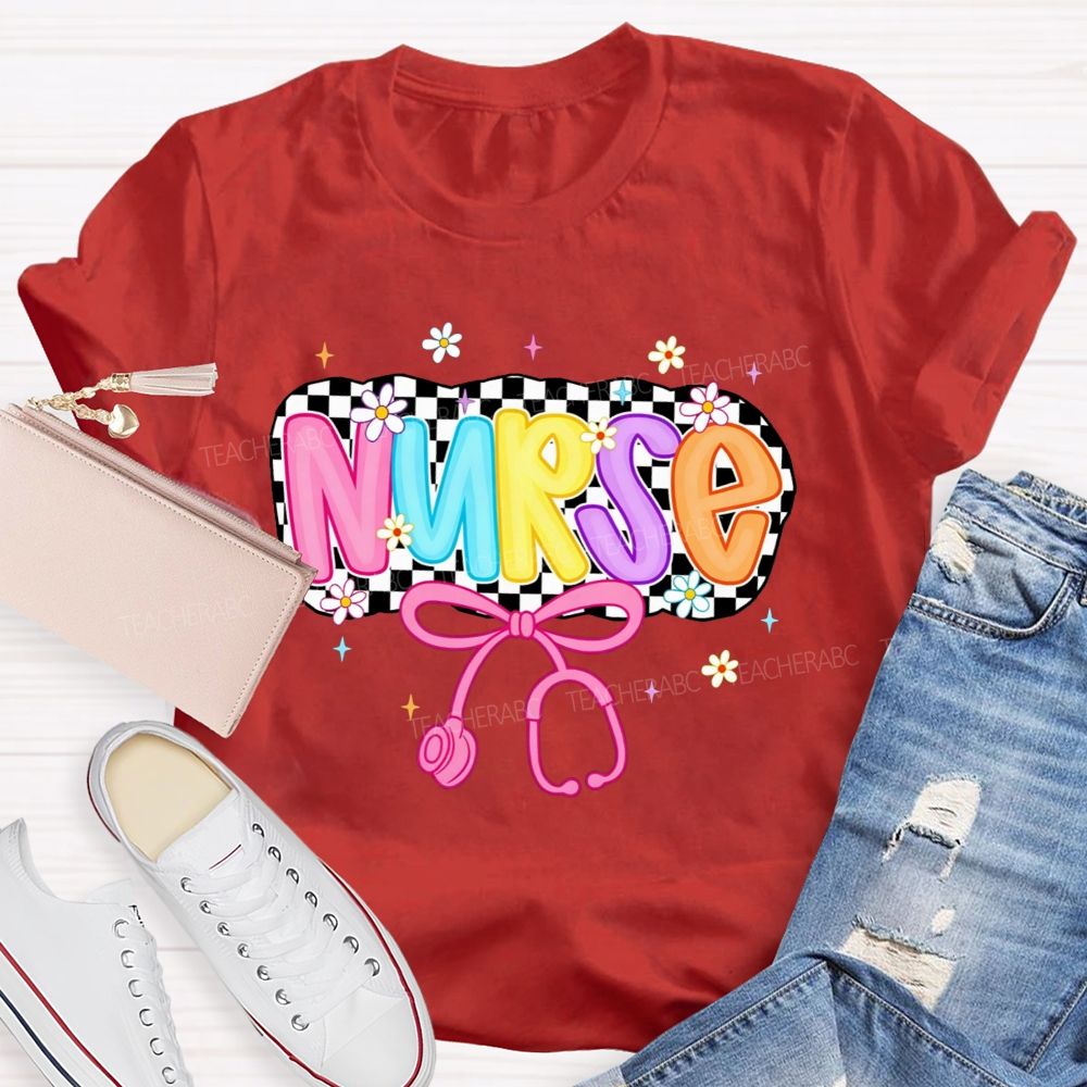 School Nurse Checkerboard Daisy Bow Stethoscope T-shirt