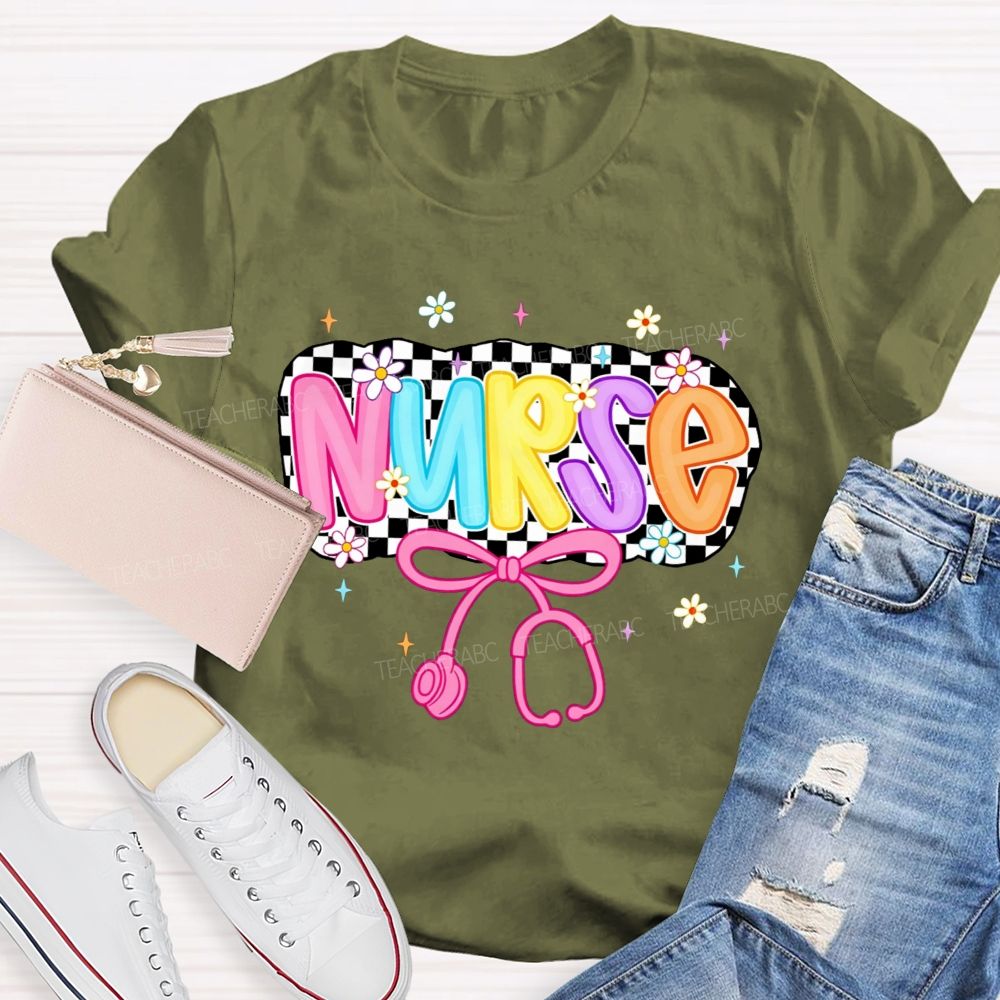 School Nurse Checkerboard Daisy Bow Stethoscope T-shirt