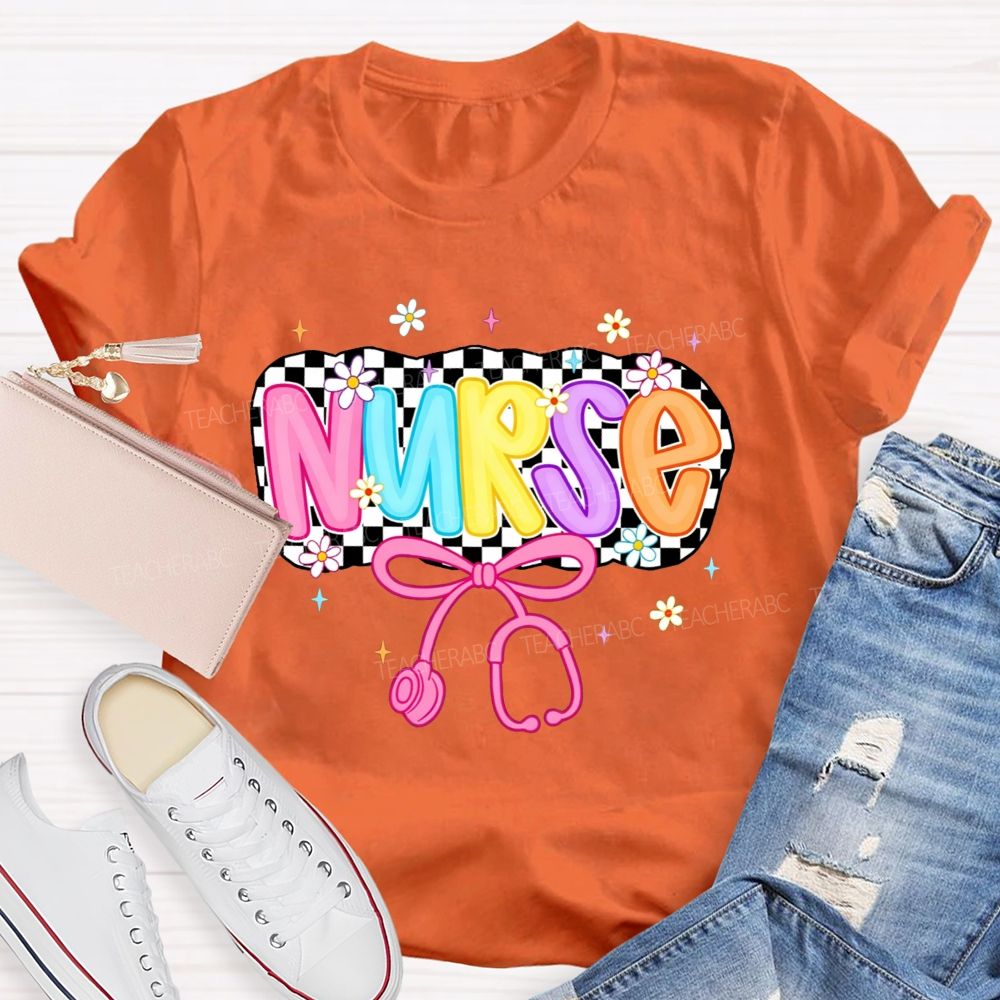 School Nurse Checkerboard Daisy Bow Stethoscope T-shirt
