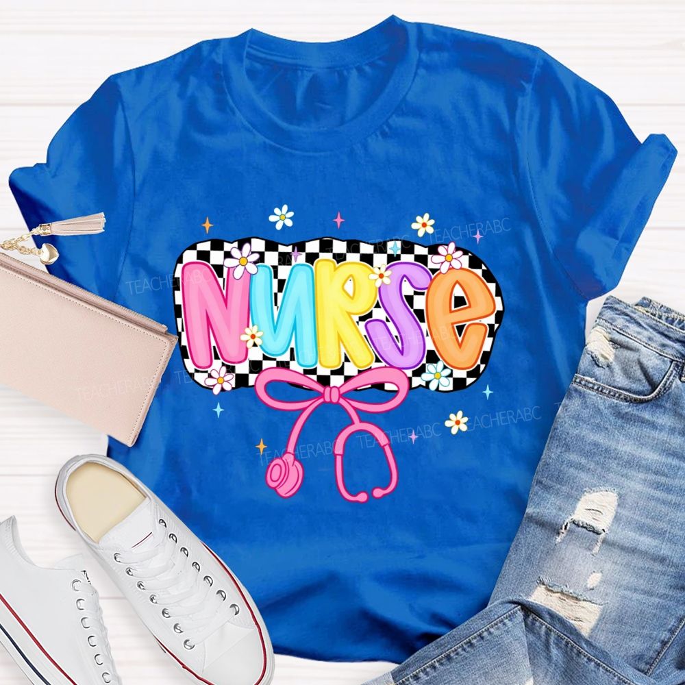 School Nurse Checkerboard Daisy Bow Stethoscope T-shirt