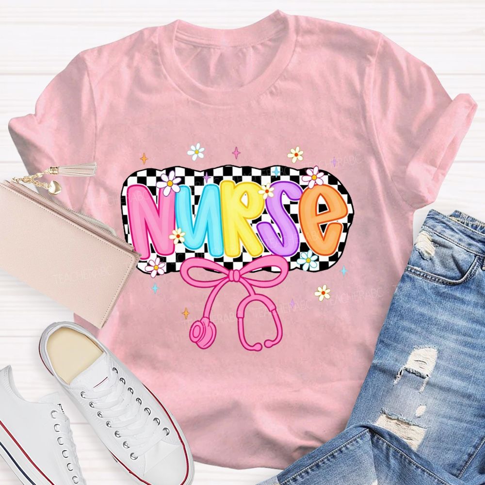 School Nurse Checkerboard Daisy Bow Stethoscope T-shirt