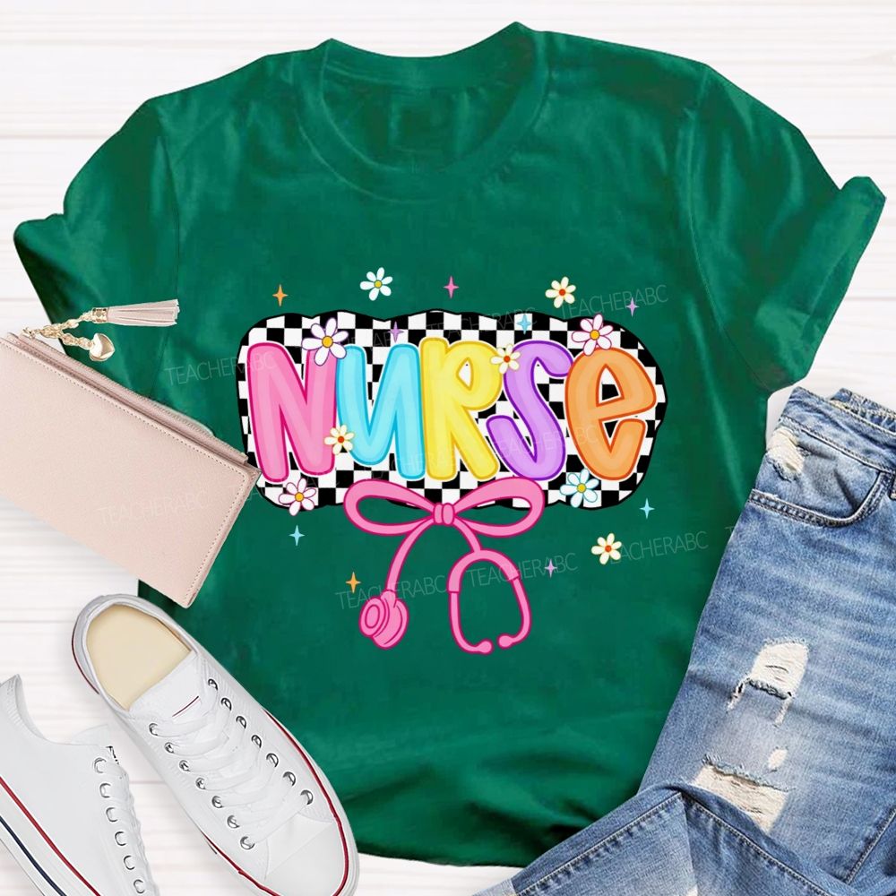 School Nurse Checkerboard Daisy Bow Stethoscope T-shirt