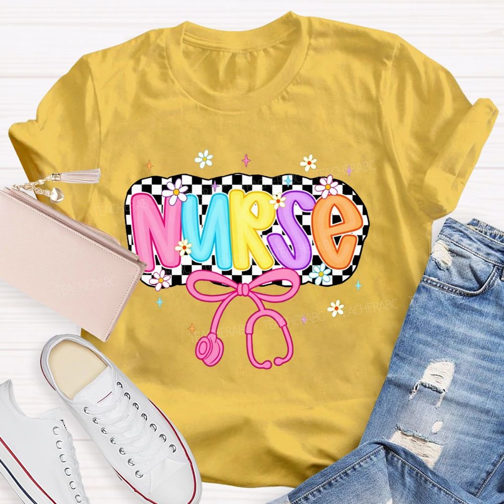 School Nurse Checkerboard Daisy Bow Stethoscope T-shirt