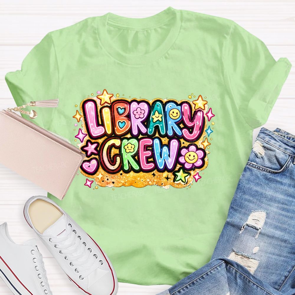 School Library Crew Colorful Daisy Star Librarian T-shirt