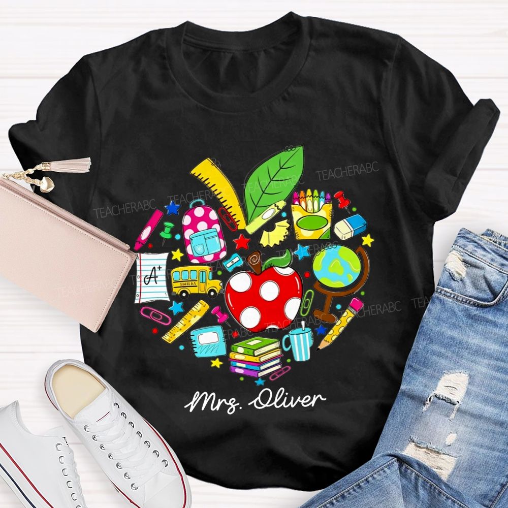 Personalized Name Teacher Heart School Supplies Apple Bus Teacher T-shirt