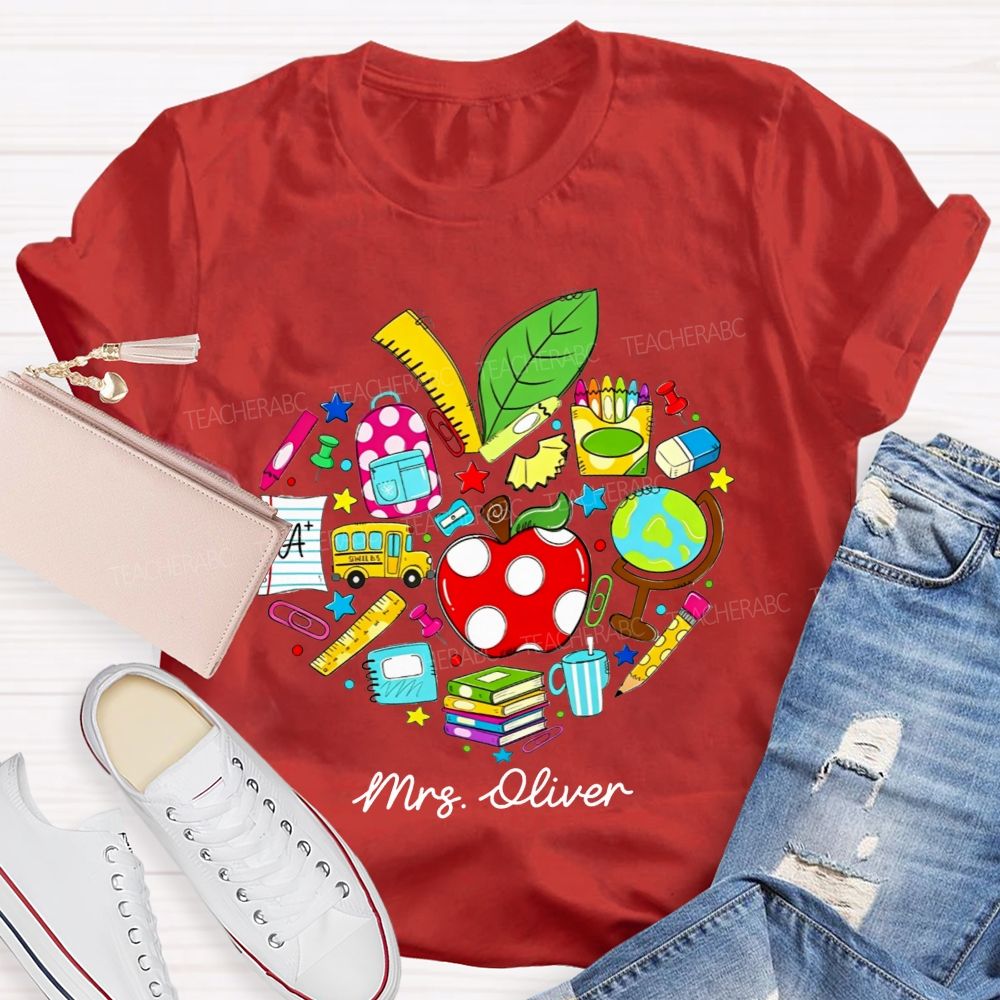 Personalized Name Teacher Heart School Supplies Apple Bus Teacher T-shirt