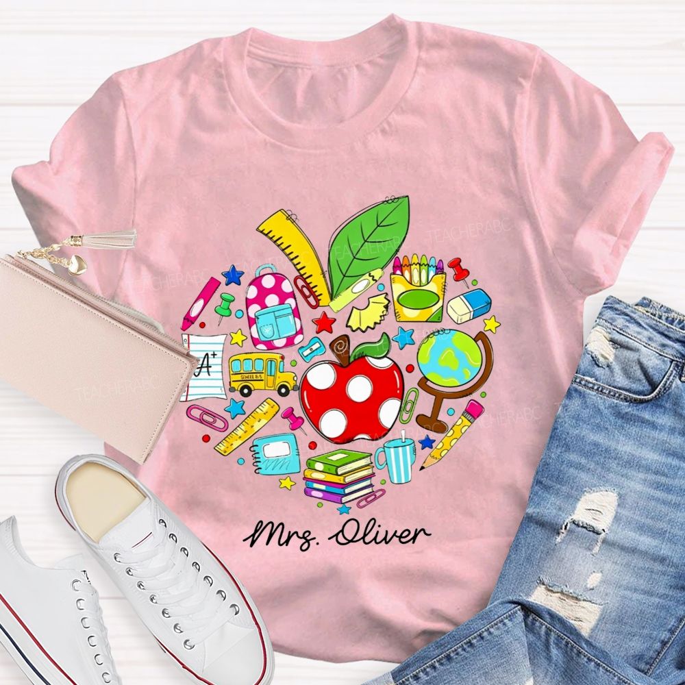 Personalized Name Teacher Heart School Supplies Apple Bus Teacher T-shirt
