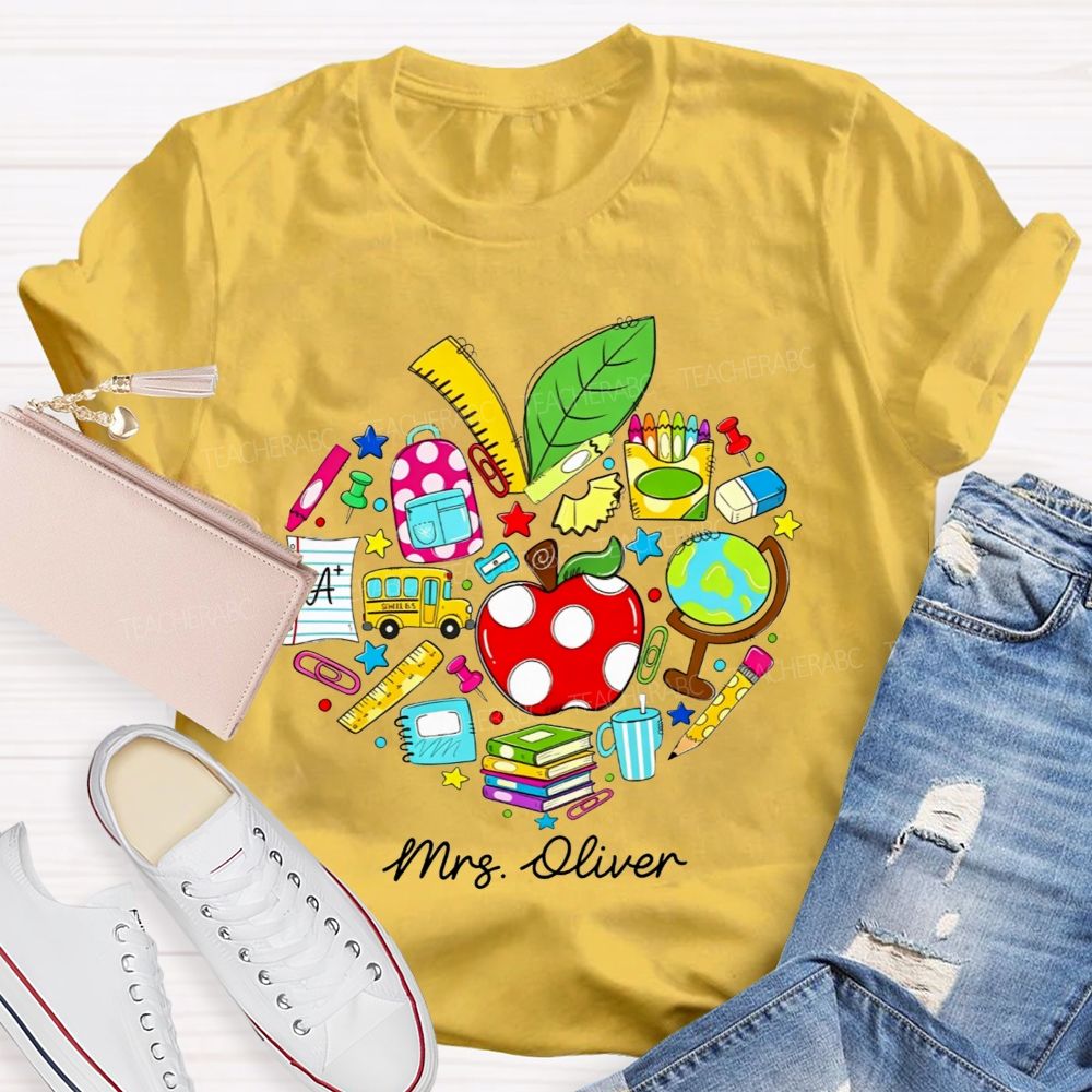 Personalized Name Teacher Heart School Supplies Apple Bus Teacher T-shirt