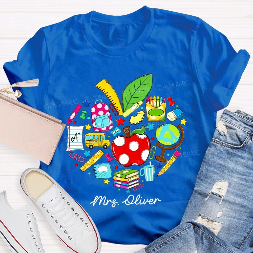 Personalized Name Teacher Heart School Supplies Apple Bus Teacher T-shirt