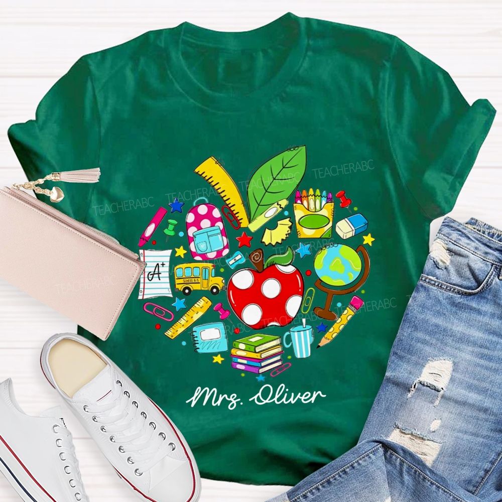 Personalized Name Teacher Heart School Supplies Apple Bus Teacher T-shirt