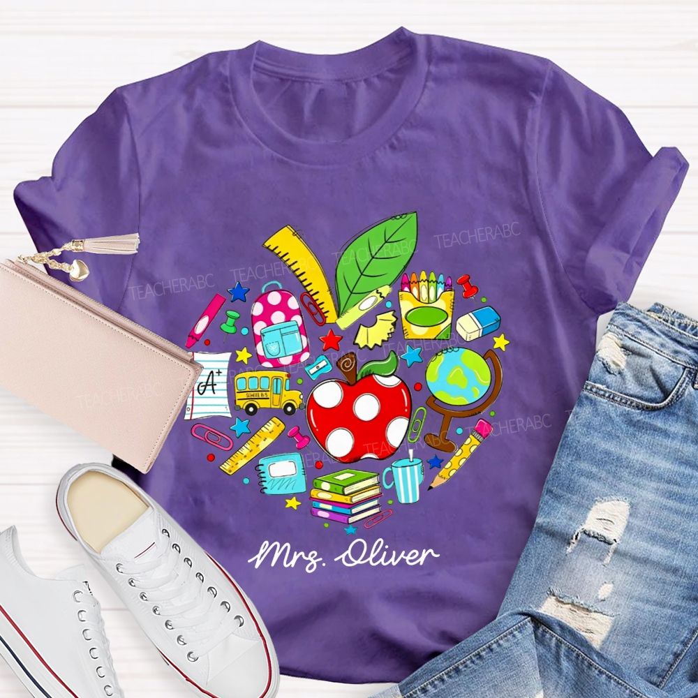Personalized Name Teacher Heart School Supplies Apple Bus Teacher T-shirt