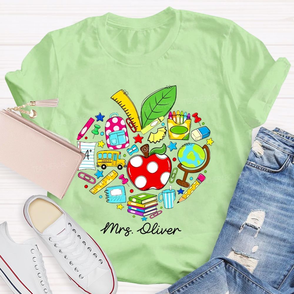 Personalized Name Teacher Heart School Supplies Apple Bus Teacher T-shirt