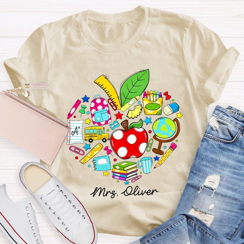 Personalized Name Teacher Heart School Supplies Apple Bus Teacher T-shirt