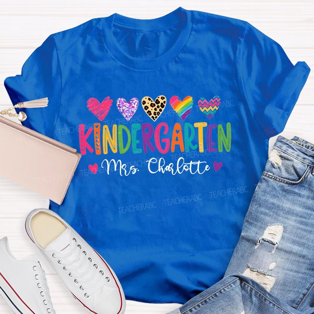 Personalized Name And Grade Kindergarten Leopard Glitter Hearts Teacher T-shirt