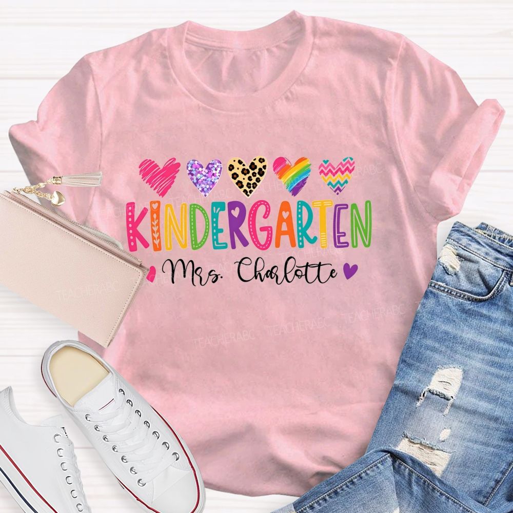 Personalized Name And Grade Kindergarten Leopard Glitter Hearts Teacher T-shirt