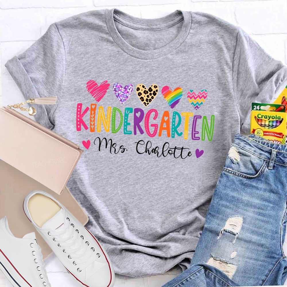 Personalized Name And Grade Kindergarten Leopard Glitter Hearts Teacher T-shirt