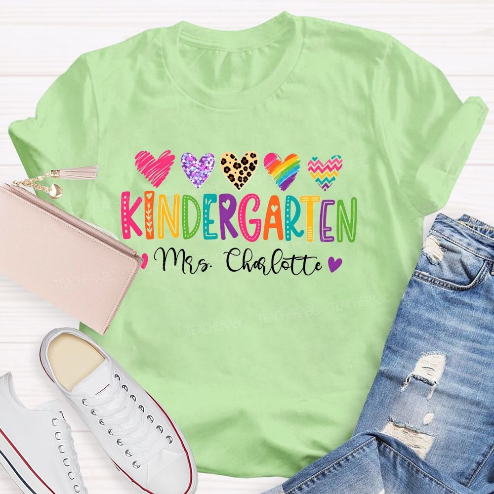 Personalized Name And Grade Kindergarten Leopard Glitter Hearts Teacher T-shirt