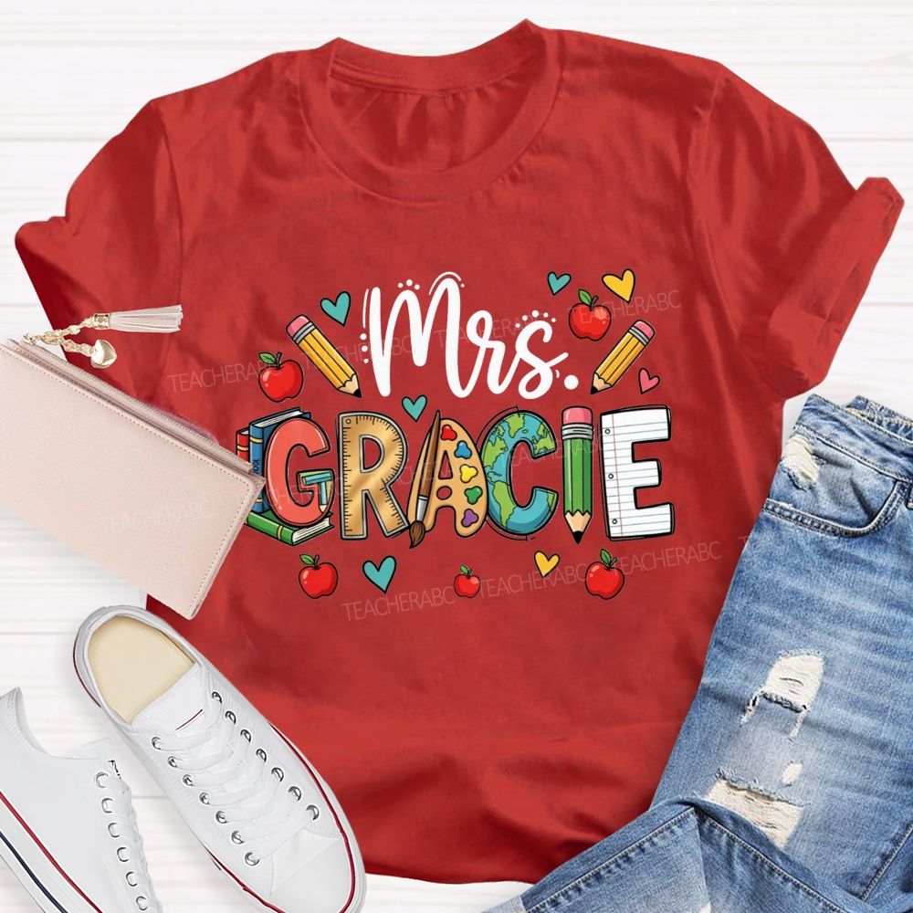 Personalized Name Doodle Letters Pencil Apple Book Globe Teacher T-shirt