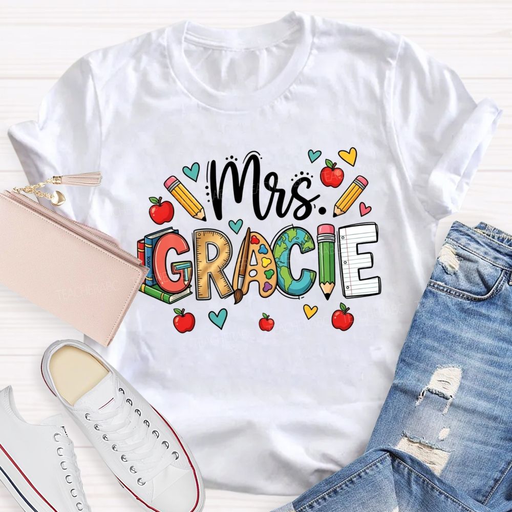 Personalized Name Doodle Letters Pencil Apple Book Globe Teacher T-shirt
